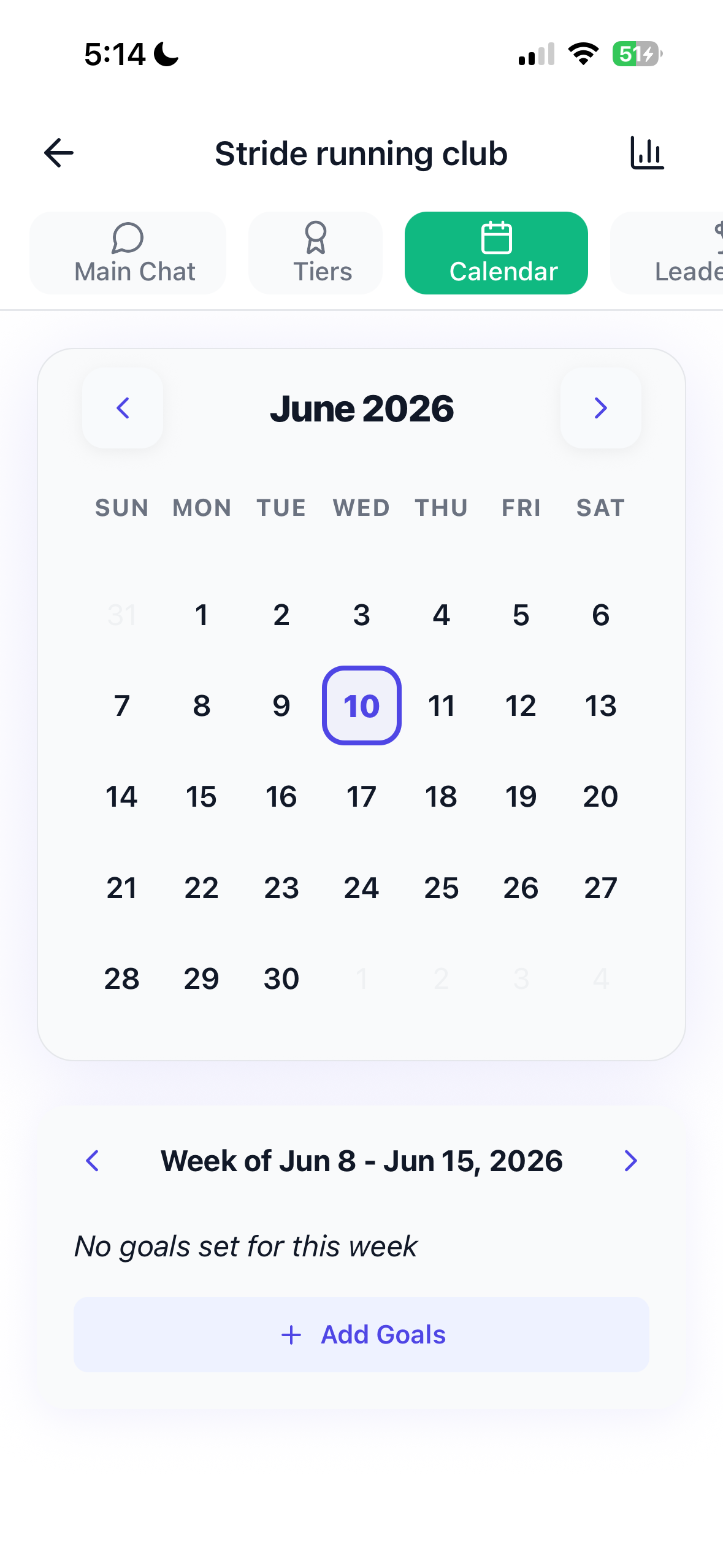 Stride team training calendar with weekly goals