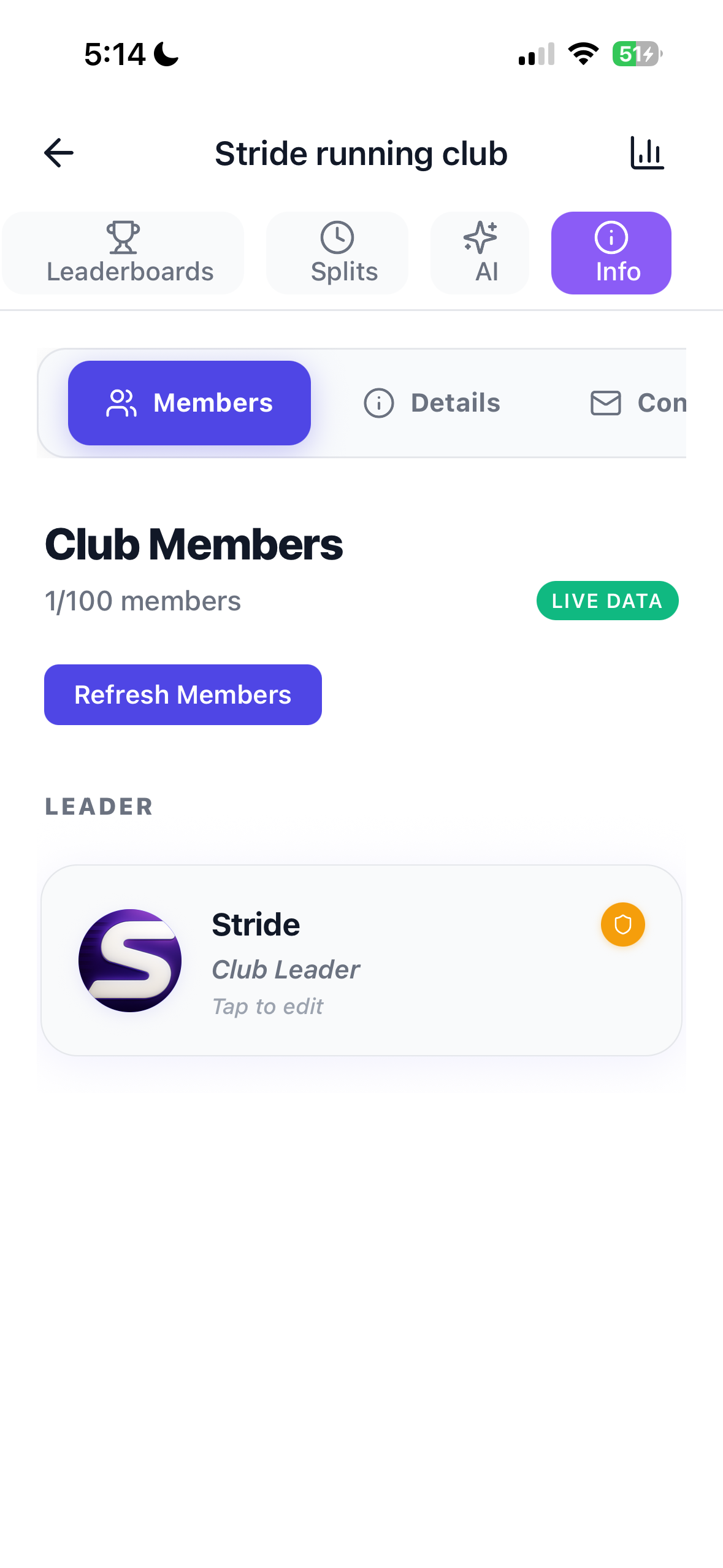 Stride club roster showing live members and the club leader