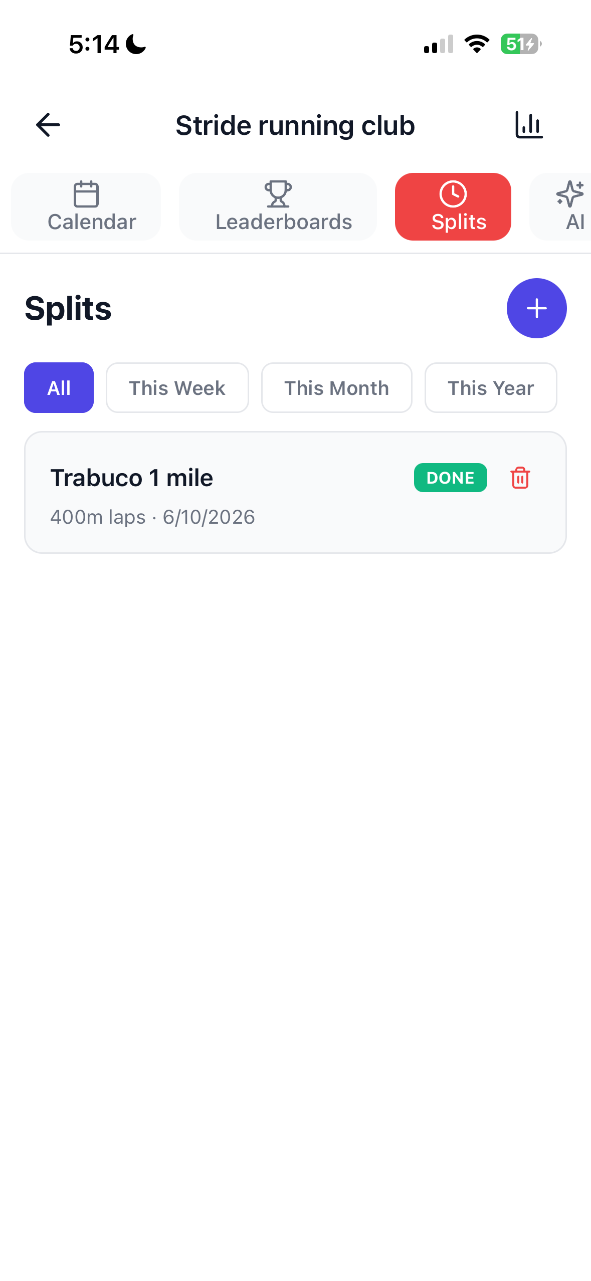 Stride club splits showing a logged track workout