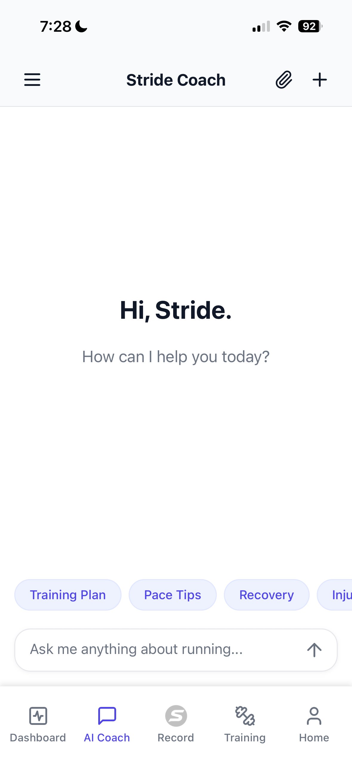 Stride AI Coach screen