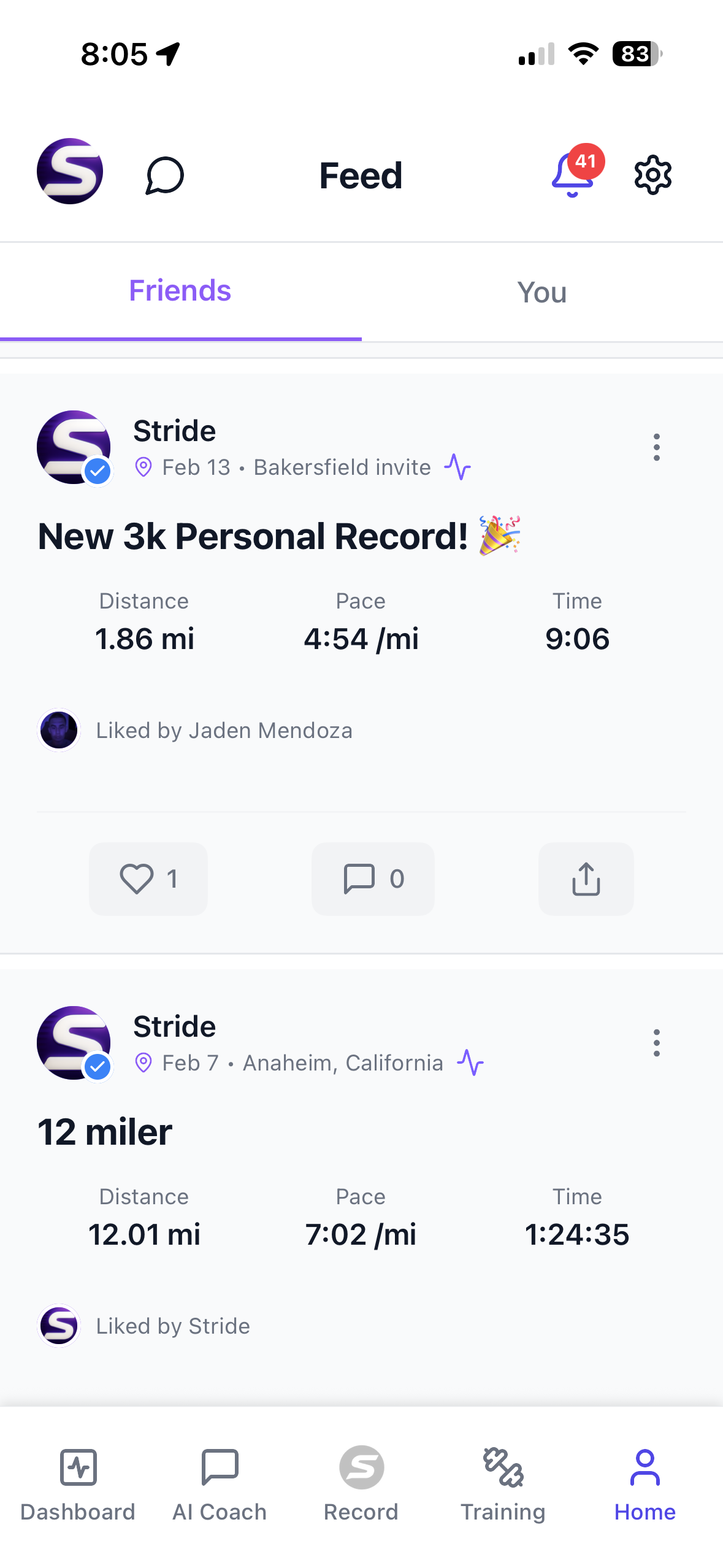 Stride Feed screen showing friends' runs and a new personal record