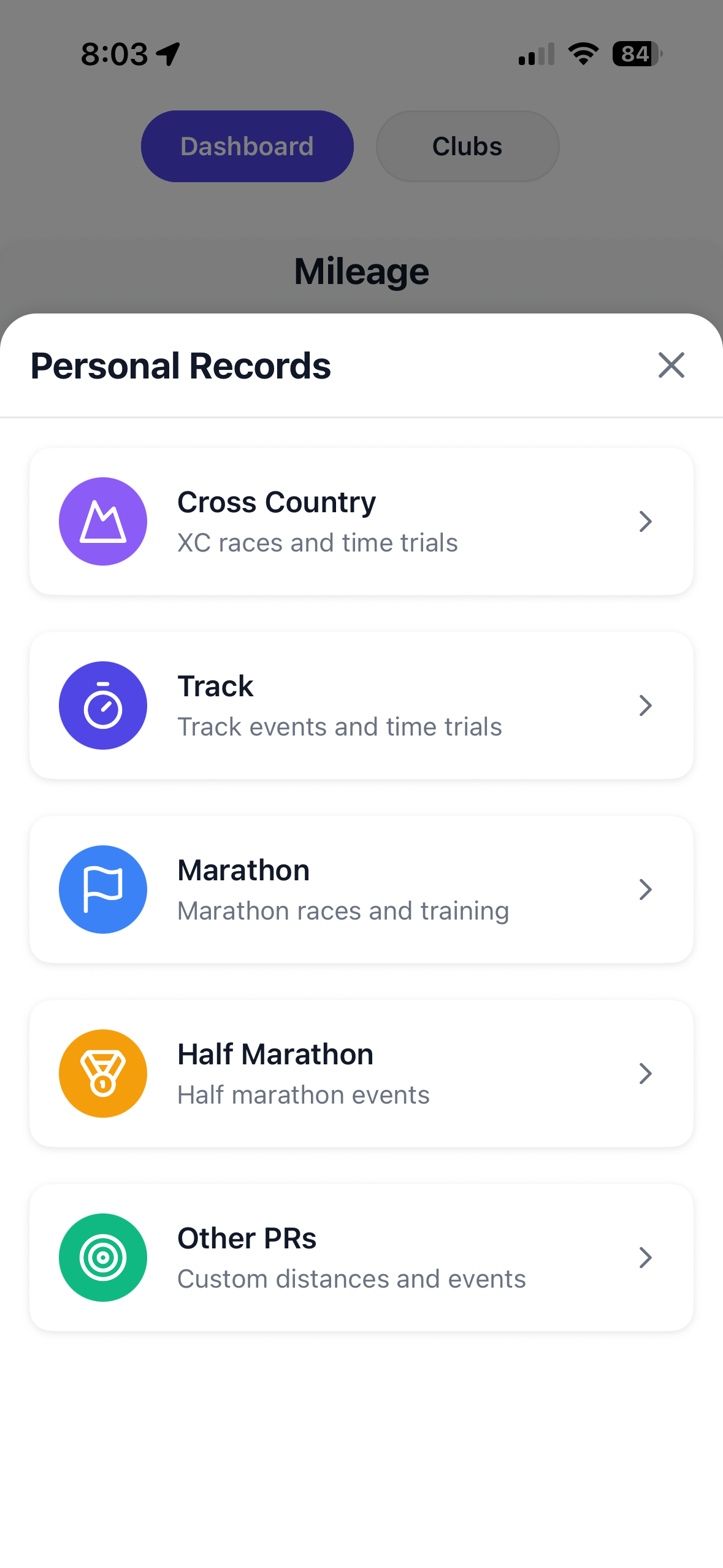 Stride Personal Records screen with running event categories