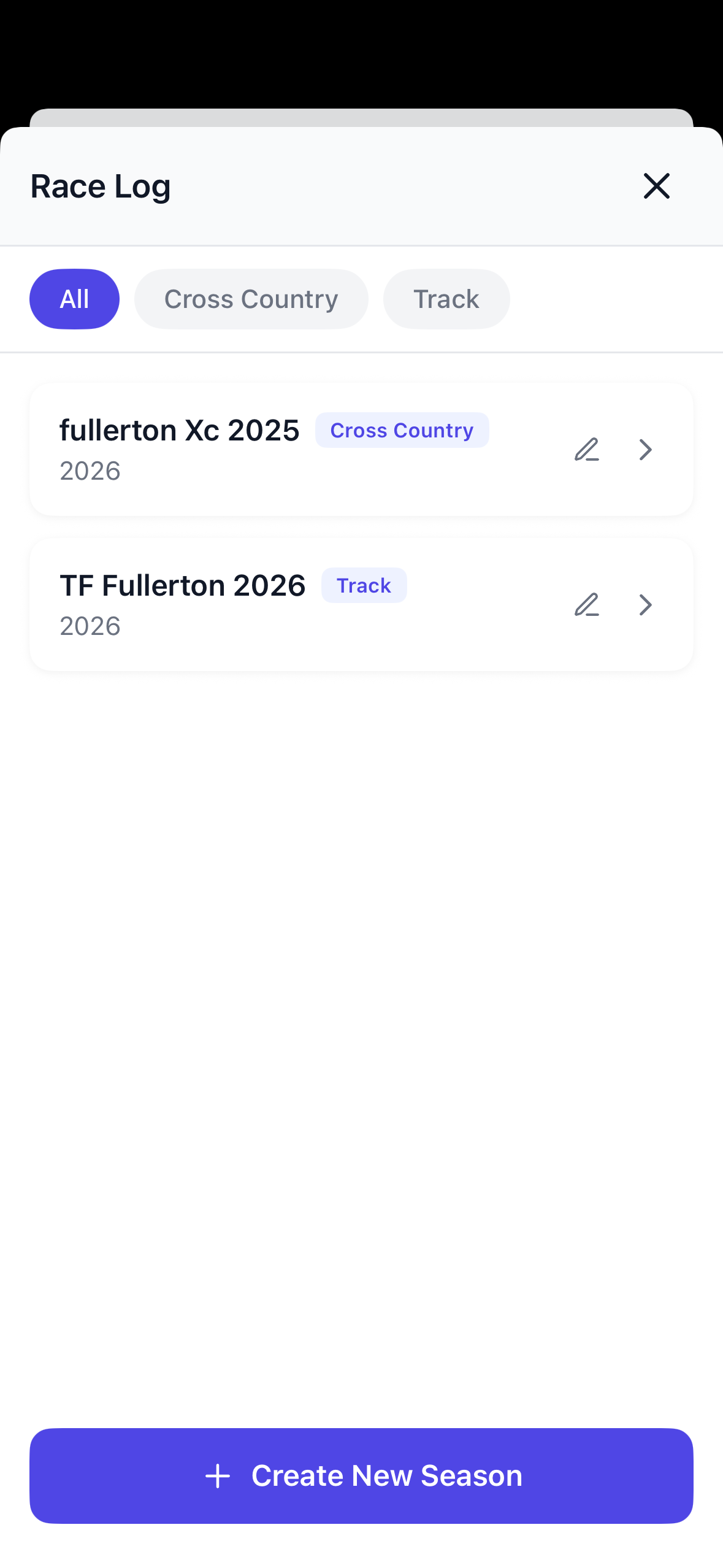 Stride Race Log screen showing cross country and track seasons