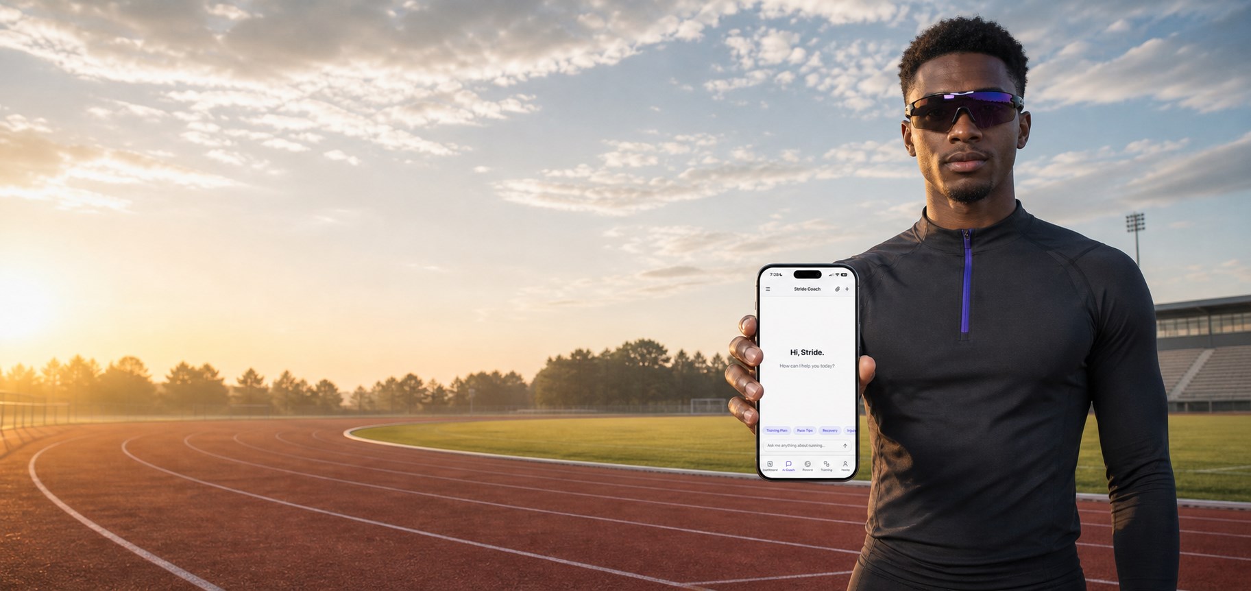 Runner wearing smart sport glasses presenting Stride on an outdoor track